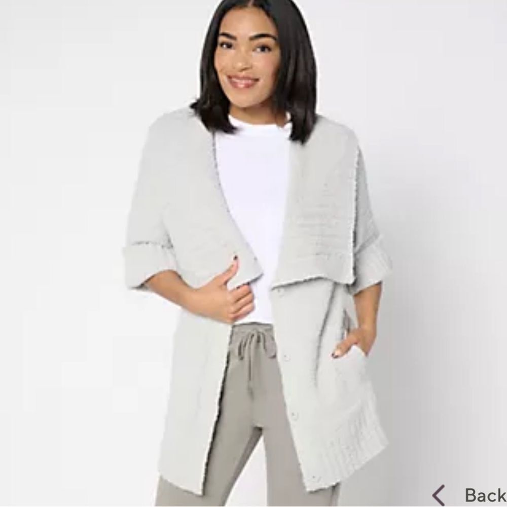Barefoot Dreams CozyTwist Short Sleeve Sweater Coat 1X NWT Dew Drop Gray